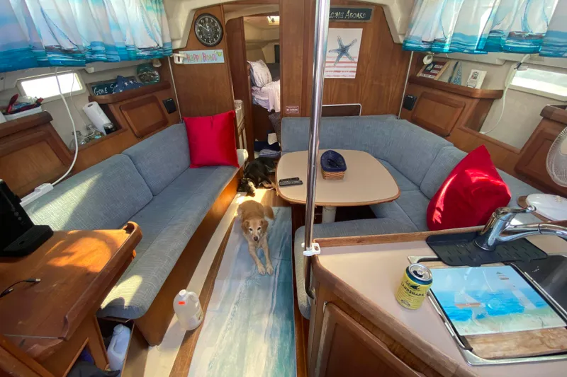 Slide: The Image of Interior of a 1994 Hunter 33.5 sailboat with cozy seating and nautical decor. - 4