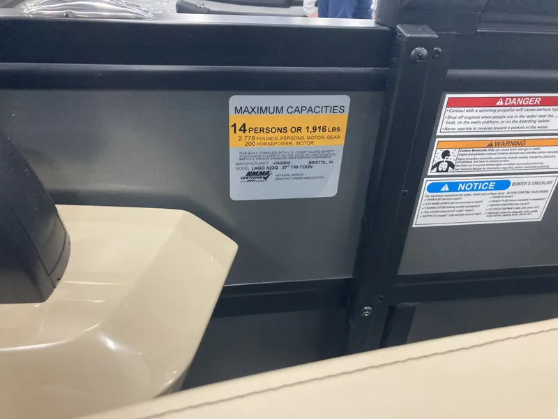 Slide: The Image of Viaggio X22Q 2026 boat capacity: 14 persons, 1,916 lbs. - 20