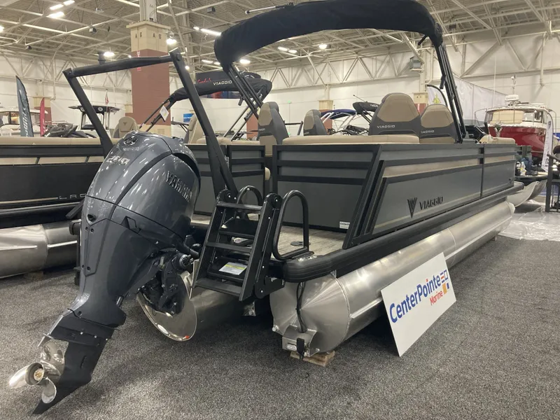 Slide: The Image of Viaggio X22Q 2026 pontoon boat with Yamaha engine at exhibition. - 3