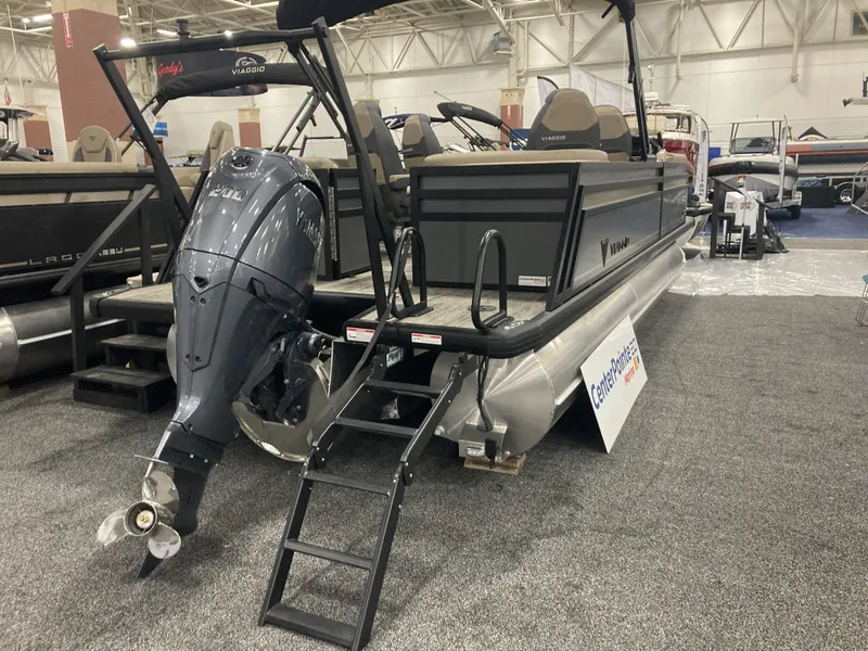 Slide: The Image of Viaggio X22Q 2026 pontoon boat with outboard motor at exhibition. - 4