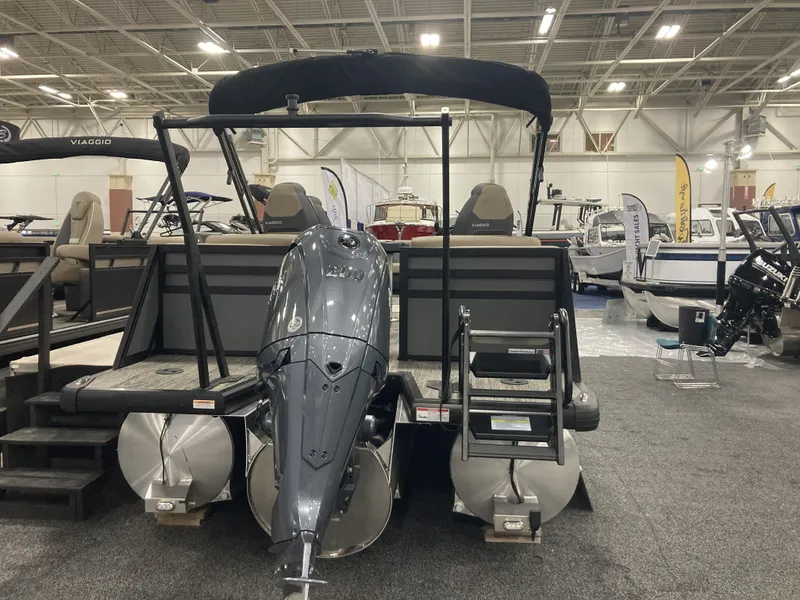 Slide: The Image of Viaggio X22Q 2026 pontoon boat with outboard motor at exhibition. - 5