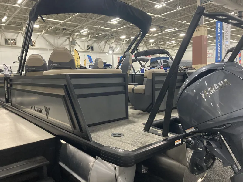 Slide: The Image of Viaggio X22Q 2026 pontoon boat with Yamaha engine at exhibition. - 6