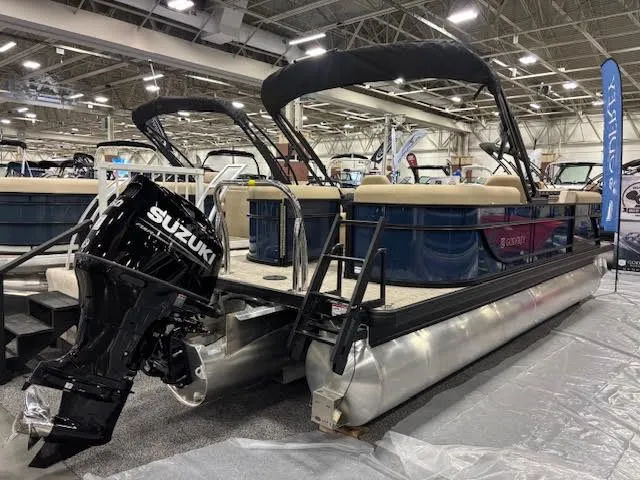 Slide: The Image of 2026 Godfrey EX2286SBX pontoon boat with Suzuki engine at exhibition. - 4