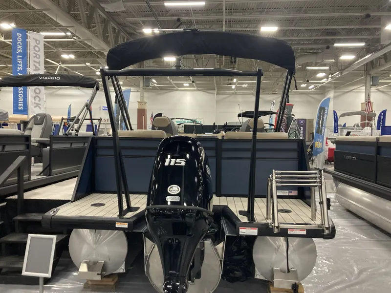 Slide: The Image of Viaggio V20U 2026 pontoon boat with outboard motor at exhibition. - 3