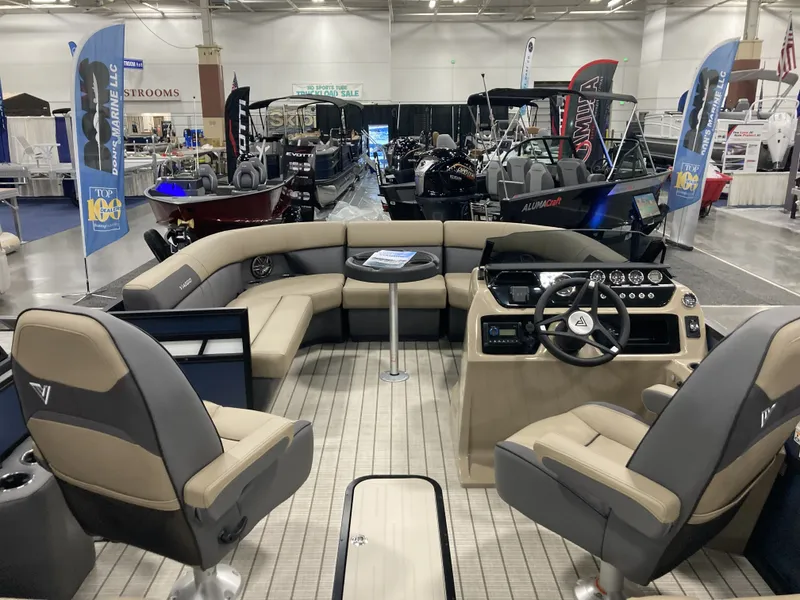 Slide: The Image of Interior of Viaggio V20U boat, 2026 model, displayed at a boat show. - 6