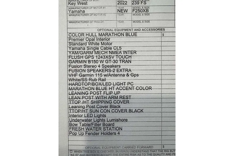 Slide: The Image of 2022 Key West 239 FS boat features optional equipment and accessories list. - 4