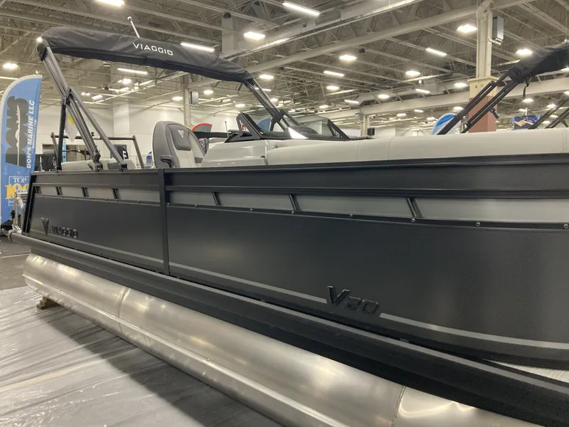 Slide: The Image of Viaggio V20U pontoon boat 2026 displayed at a trade show. - 2