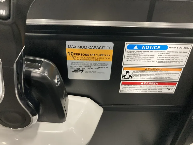 Slide: The Image of Safety and capacity labels on Viaggio V20U boat, year 2026. - 20