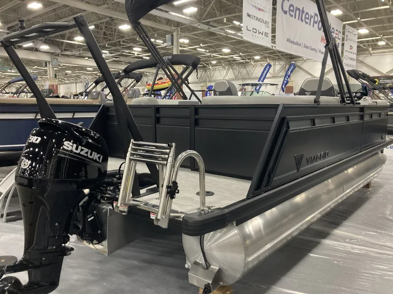Slide: The Image of Viaggio V20U 2026 pontoon boat with Suzuki engine at exhibition. - 4