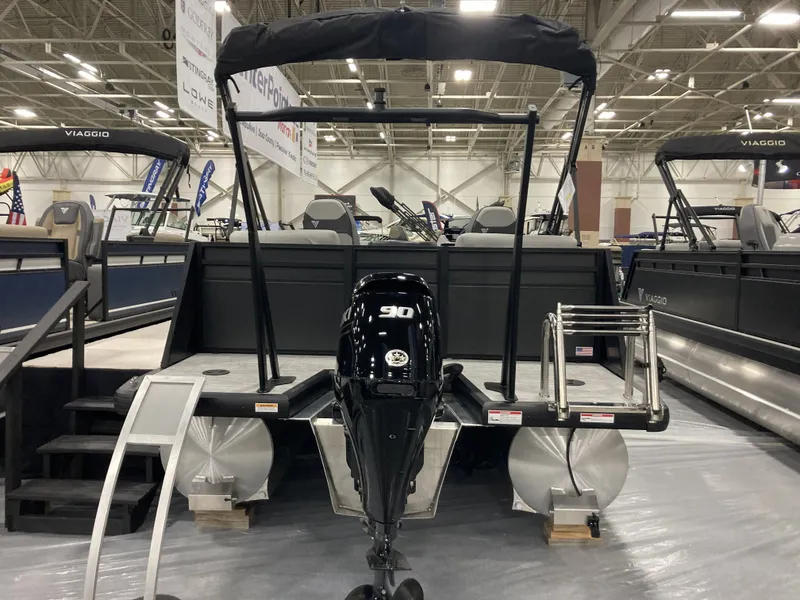 Slide: The Image of Viaggio V20U 2026 pontoon boat with outboard motor at exhibition. - 5