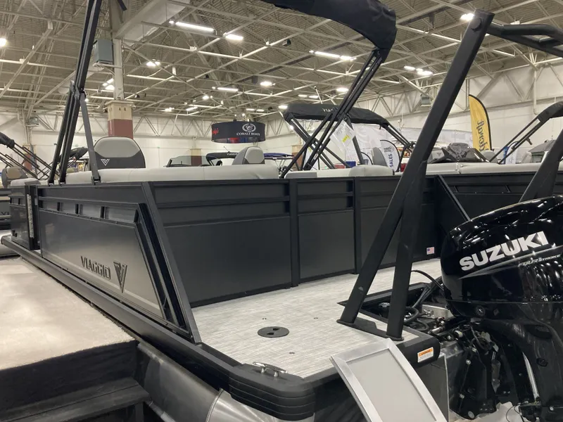 Slide: The Image of Viaggio V20U 2026 pontoon boat with Suzuki engine in exhibition hall. - 6