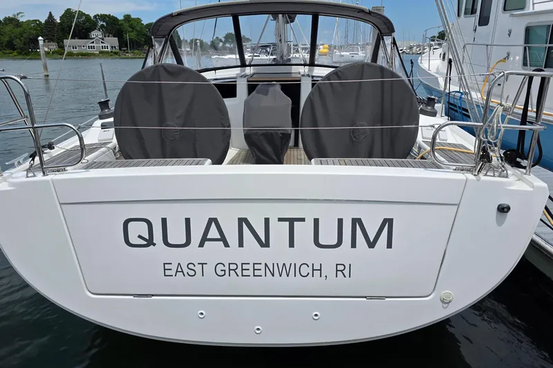 Slide: The Image of 2014 Hanse 385 sailboat named "Quantum" docked in East Greenwich, RI. - 2