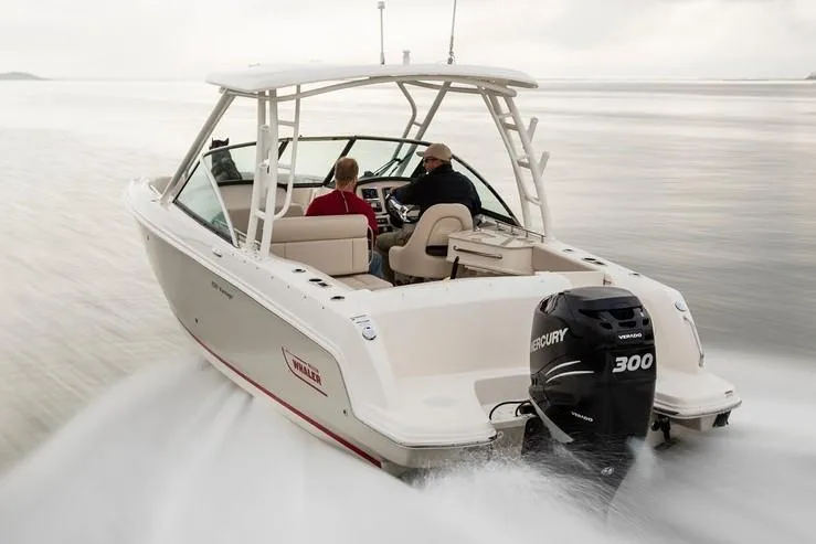 Slide: The Image of 2019 Boston Whaler 230 Vantage boat docked on a canal lift. - 4