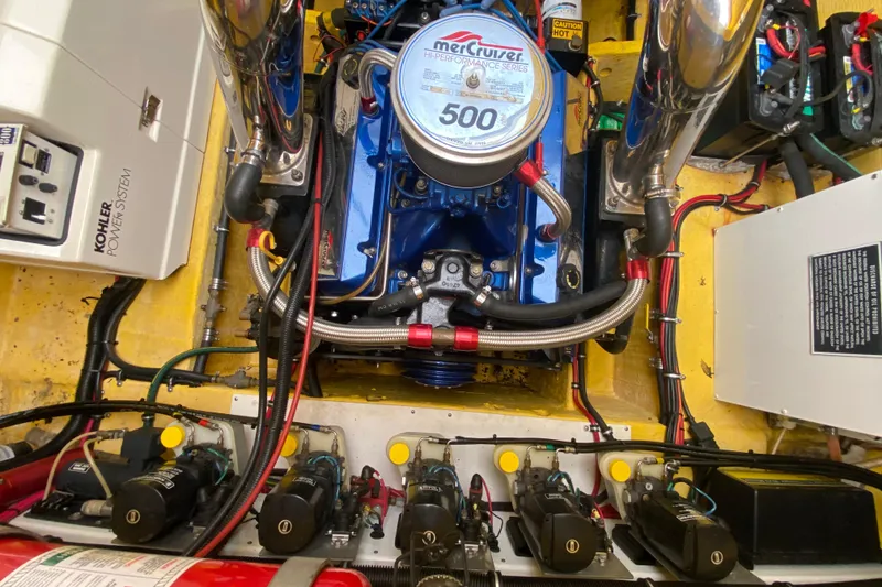 Slide: The Image of Engine compartment of a 1999 Fountain 47 Lightning boat with MerCruiser 500 engine. - 39
