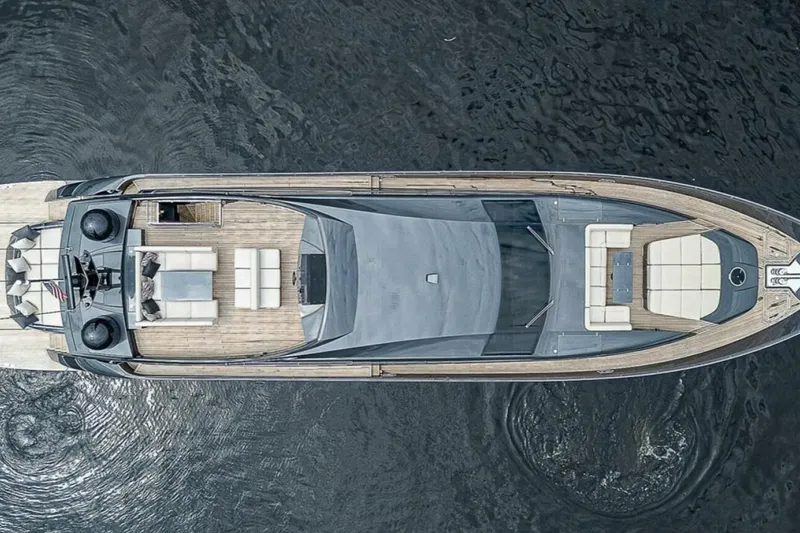 Slide: The Image of Aerial view of 2014 Pershing 92 yacht on calm water. - 3