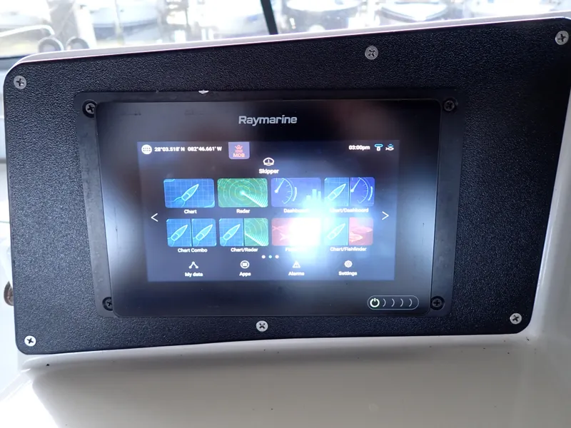 Slide: The Image of Raymarine navigation display on 1996 Carver 370 Voyager boat dashboard. - 22