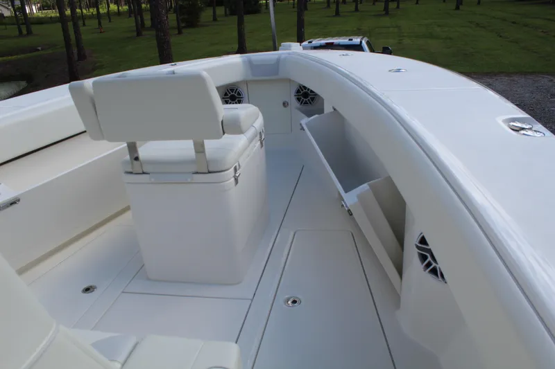Slide: The Image of 2022 SeaVee 370Z boat interior with seating and storage compartments. - 20