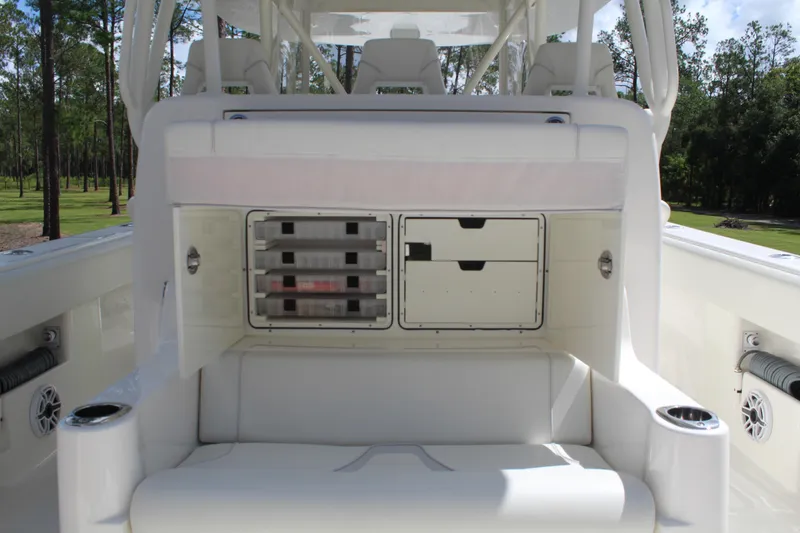Slide: The Image of 2022 SeaVee 370Z boat interior with storage compartments and seating. - 31
