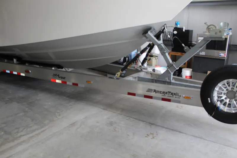 Slide: The Image of 2022 SeaVee 370Z boat on AmeraTrail trailer in a garage setting. - 35
