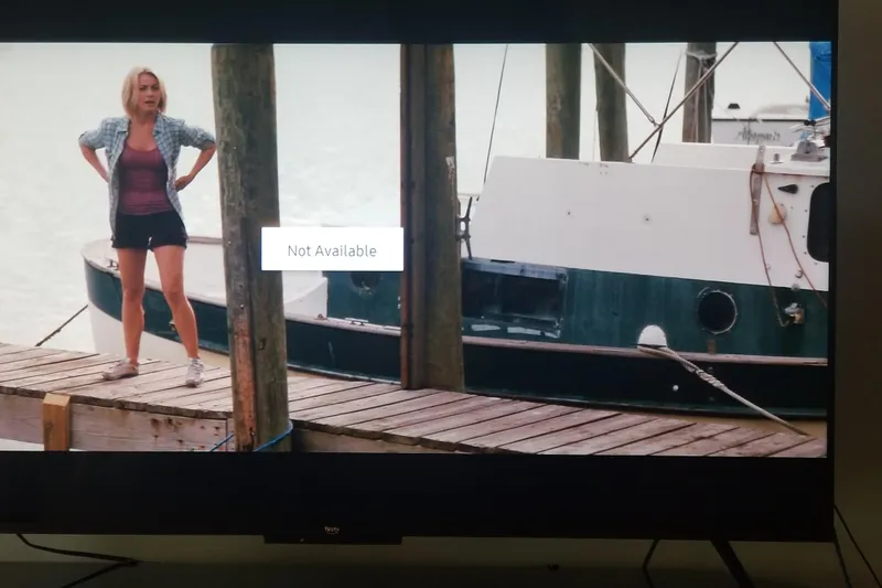 Slide: The Image of Woman standing on dock near 1974 Fales Navigator boat, with "Not Available" message displayed. - 23