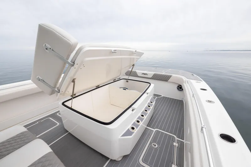 Slide: The Image of 2020 Invincible 40 Catamaran deck with open storage compartment, sleek design, and ocean view. - 9