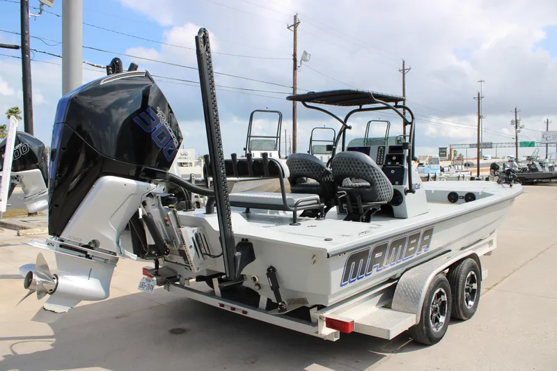 Slide: The Image of 2025 Mamba 24 Cat Elite boat with powerful outboard motor on trailer. - 5