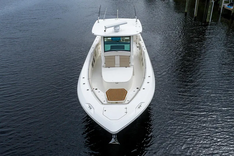 Slide: The Image of 2017 Boston Whaler 370 Outrage boat on calm water, aerial view. - 3