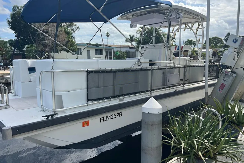 The Image of 2010 A&M Manufacturing Triton Pontoon boat docked with canopy and seating. - 1