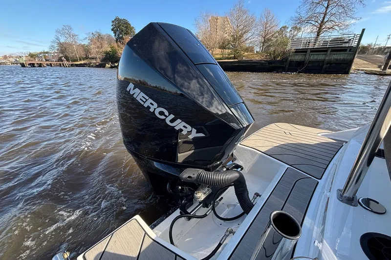 Slide: The Image of 2025 Sea Ray 21 SPX OB with Mercury outboard engine on a calm river. - 23