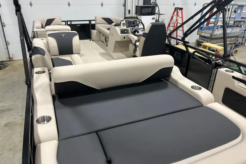 Slide: The Image of 2026 Tahoe Pontoon Sport 85 Versatile Rear Bench 23 interior with luxurious seating. - 10
