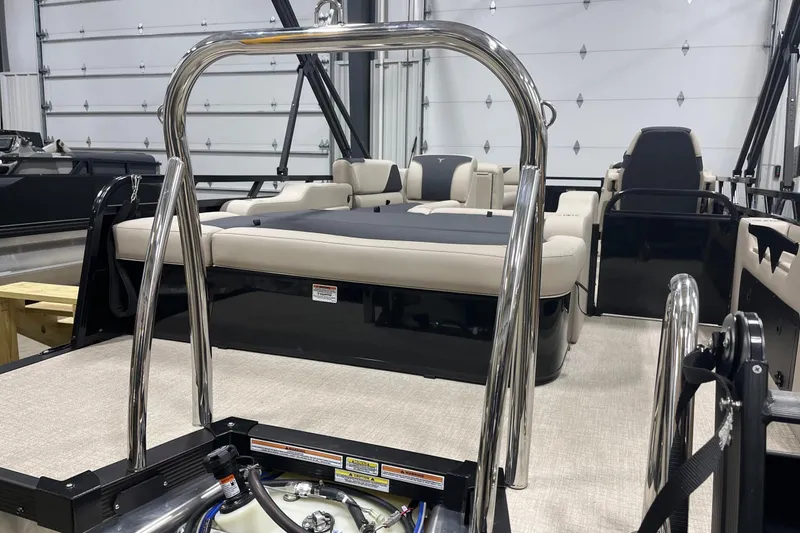 Slide: The Image of 2026 Tahoe Pontoon Sport 85 Versatile Rear Bench 23 interior with plush seating and sleek design. - 4
