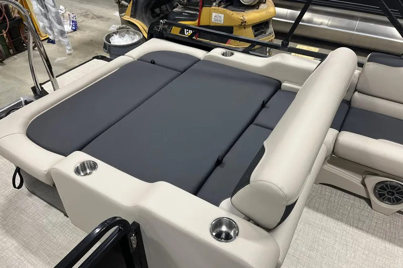 Slide: The Image of 2026 Tahoe Pontoon Sport 85 Versatile Rear Bench 23 with luxurious seating and cup holders. - 6