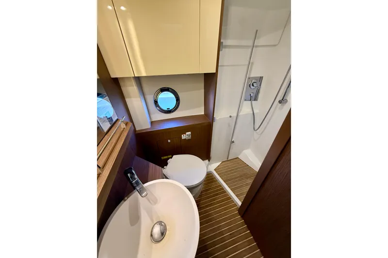 Slide: The Image of Luxurious bathroom in 2019 Beneteau Gran Turismo 46 yacht with modern fixtures. - 30