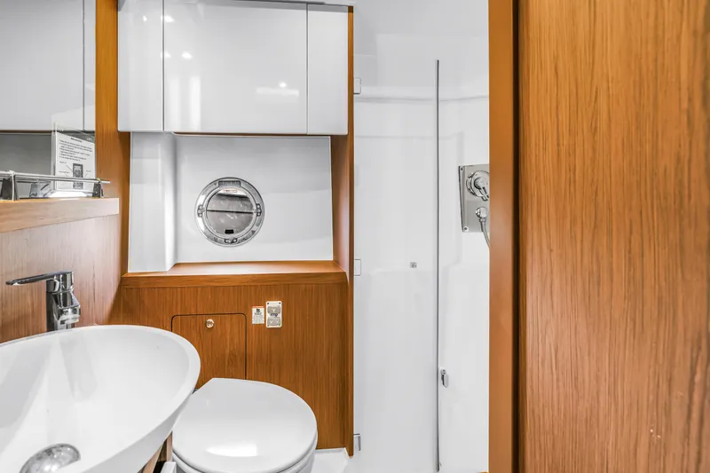 Slide: The Image of Luxurious bathroom interior of 2019 Beneteau Gran Turismo 46 yacht with modern fixtures. - 55