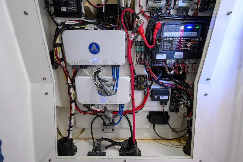 Slide: The Image of 2023 Sportsman Masters 267 Bay Boat electrical system with wiring and components. - 31