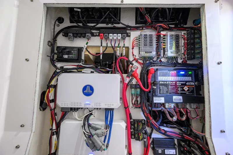 Slide: The Image of Electrical system of 2023 Sportsman Masters 267 Bay Boat, featuring wiring and components. - 32