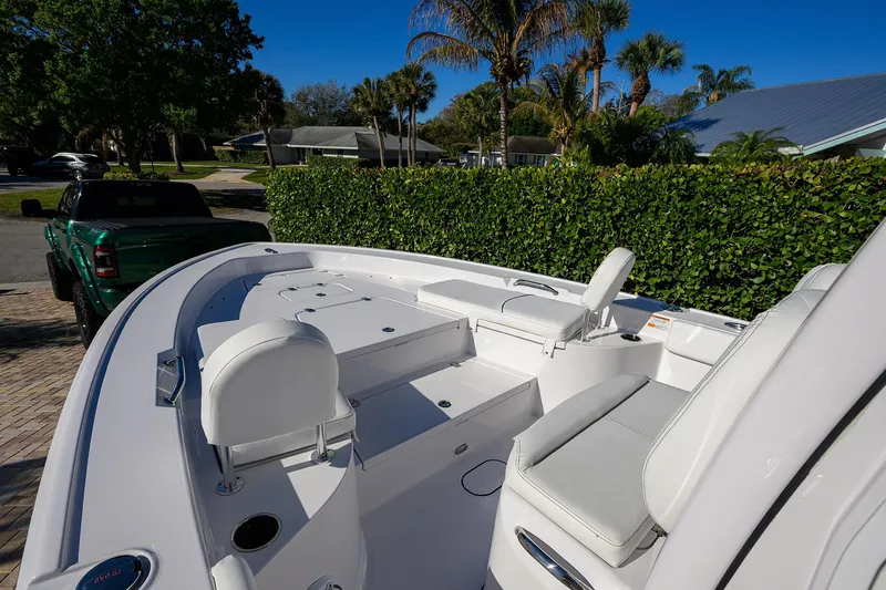 Slide: The Image of 2023 Sportsman Masters 267 Bay Boat with sleek seating and spacious deck. - 5
