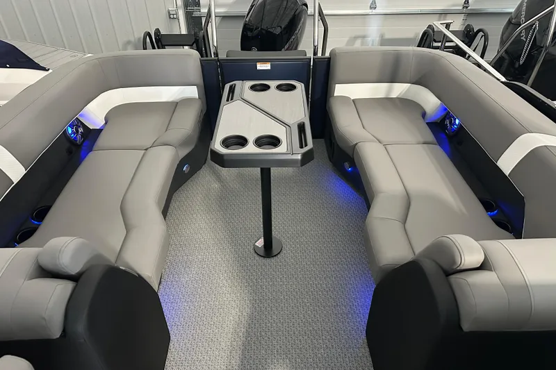 Slide: The Image of Luxurious interior of 2026 Evotti 523QL boat with gray seating and modern table design. - 11