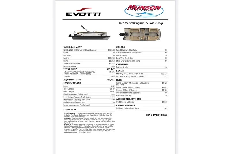 Slide: The Image of 2026 Evotti 523QL boat specifications and pricing details, featuring Mercury engine and RGB lighting. - 15