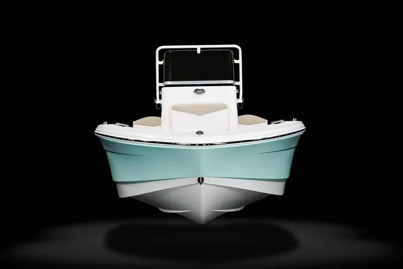 Slide: The Image of Manufacturer Provided Image: 2021 Robalo R160 Center Console boat, front view, black background. - 2