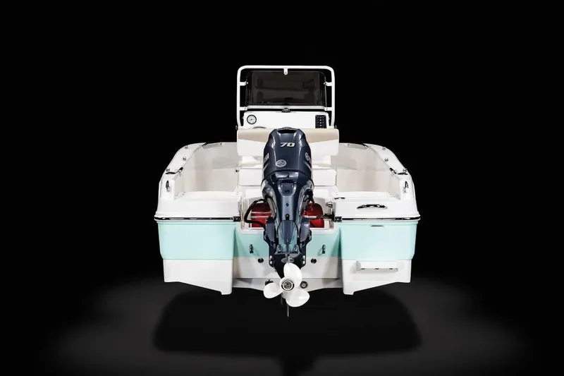 Slide: The Image of Manufacturer Provided Image: 2021 Robalo R160 Center Console boat, rear view with outboard motor. - 3