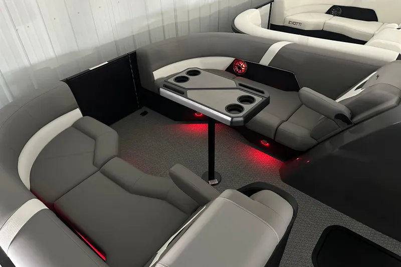 Slide: The Image of Luxurious interior of 2026 Evotti 521QL boat with modern seating and ambient lighting. - 10