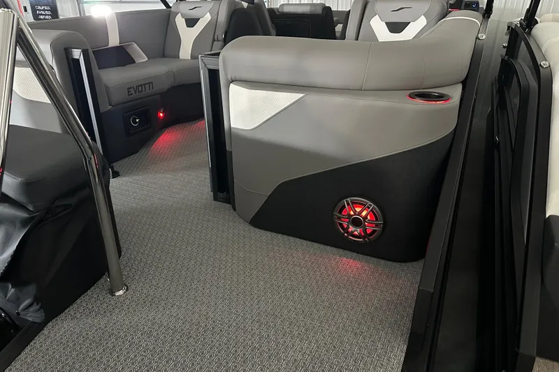 Slide: The Image of Interior of 2026 Evotti 521QL boat with modern seating and red LED lighting. - 8