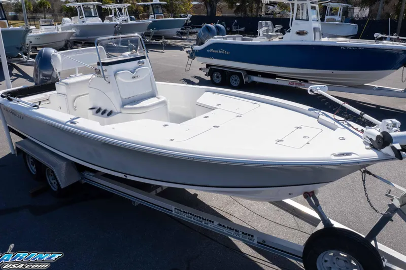 Slide: The Image of 2014 Sea Hunt BX 22 Pro boat on trailer in marina setting. - 38