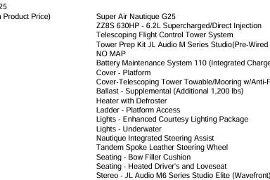 Slide: The Image of 2025 Nautique Super Air Nautique G25 features and specifications list. - 14
