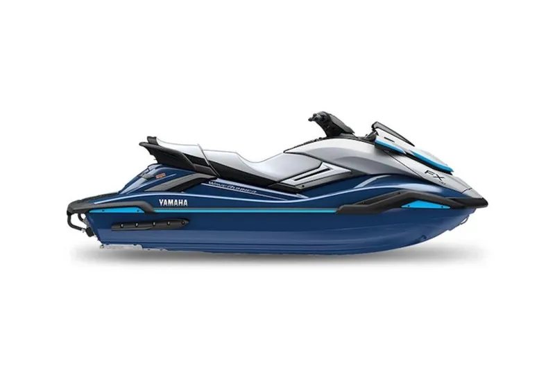 Slide: The Image of 2026 Yamaha WaveRunner FX HO in blue and white, side view. - 24