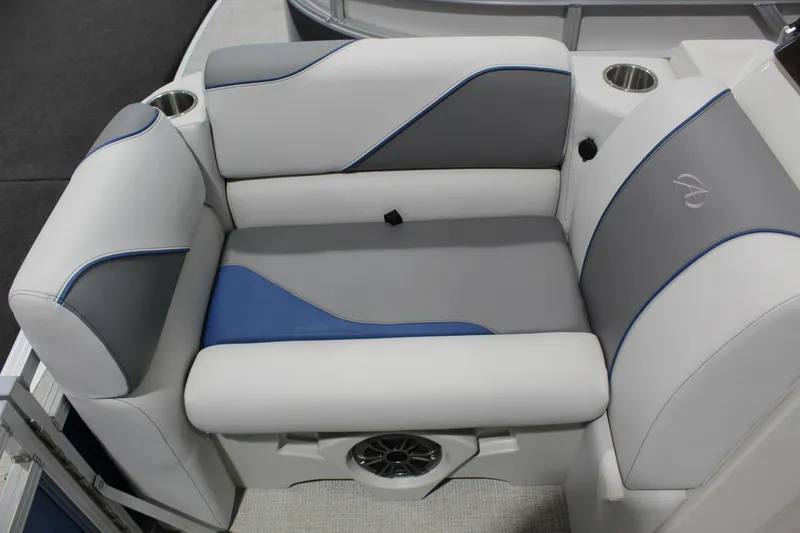Slide: The Image of 2025 Avalon 1575 23 Venture CR boat seating with gray and blue upholstery. - 3