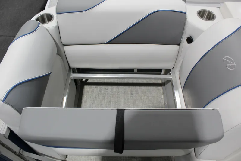 Slide: The Image of 2025 Avalon 1575 23 Venture CR boat seating with gray and white upholstery, cup holders visible. - 4