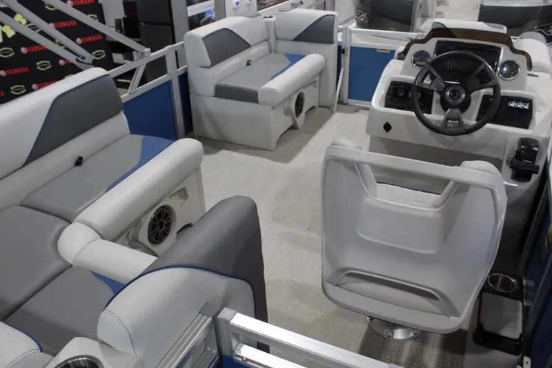 Slide: The Image of Interior of 2025 Avalon 1575 23 Venture CR pontoon boat with modern seating and helm. - 9