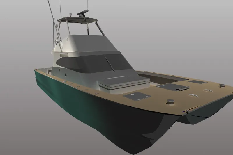 Slide: The Image of 2026 Chris White Spindrift 42 Sportfish boat, sleek design, dual hull, modern fishing vessel. - 3